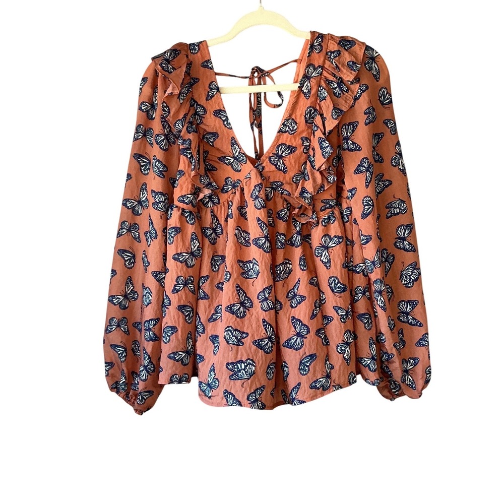 Simply Southern Rust Orange Butterfly Print Ruffle Blouse
